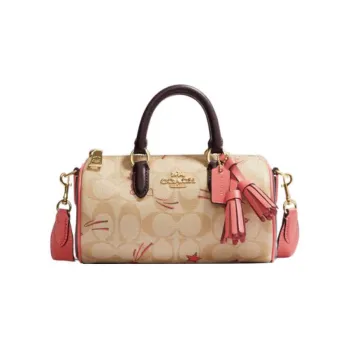 COACH Lacey Canvas With Leather Boston Bag Handbag Shoulder Bag Crossbody Bag Small Size Women's Khaki & Pink