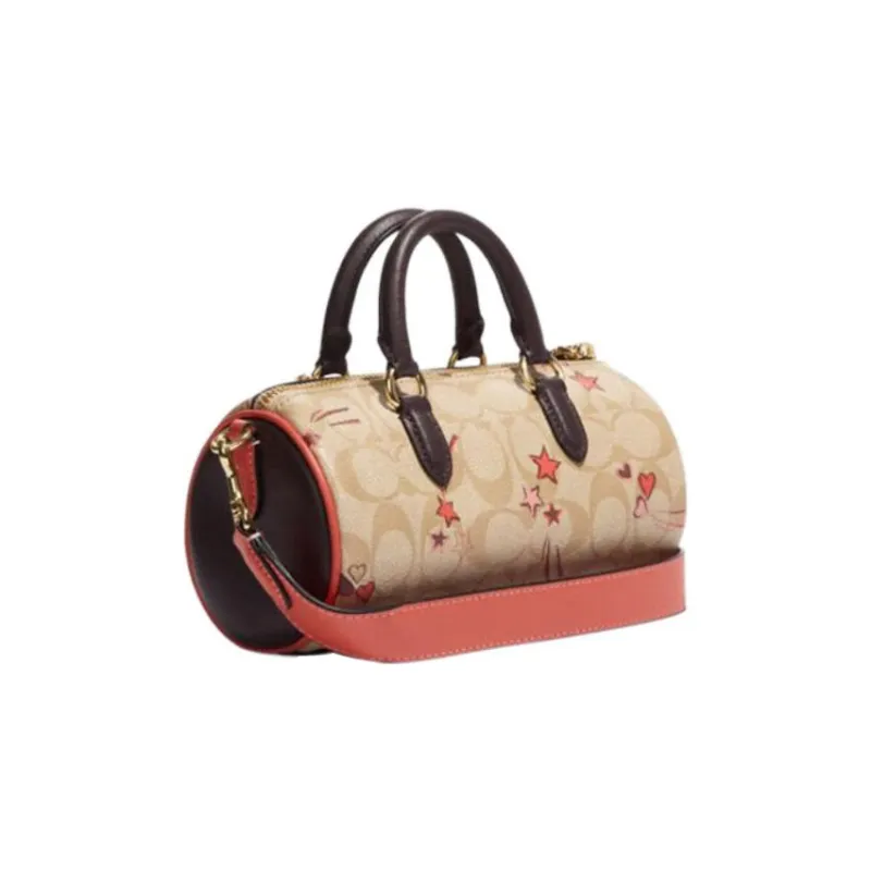COACH Lacey Canvas With Leather Boston Bag Handbag Shoulder Bag Crossbody Bag Small Size Women's Khaki & Pink-1