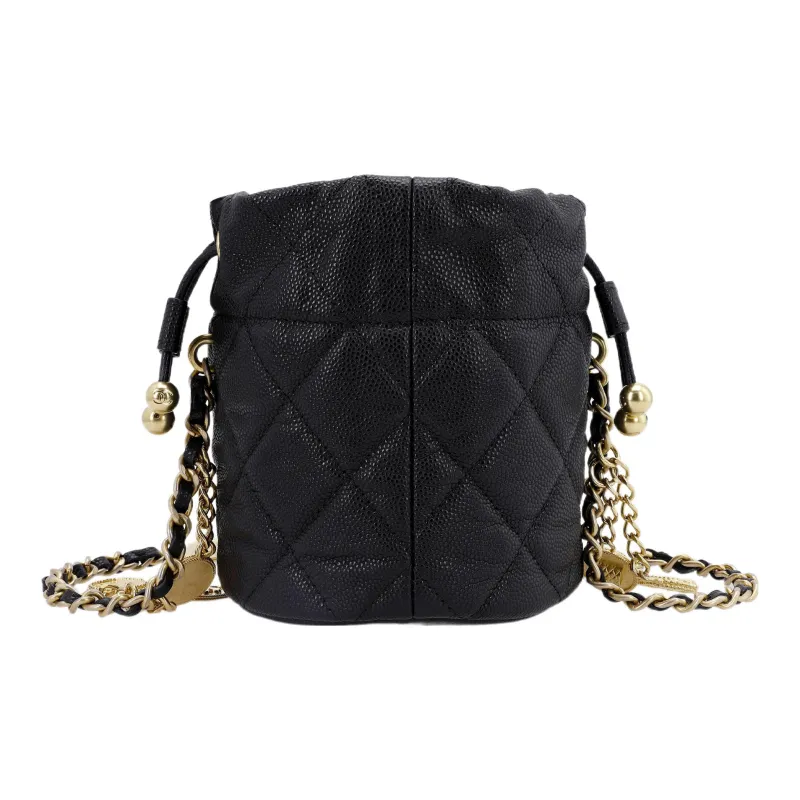 CHANEL Caviar Cow Leather Bucket Bag, Handheld, Wave Shoulder Bag, Crossbody Bag Women's Black-2