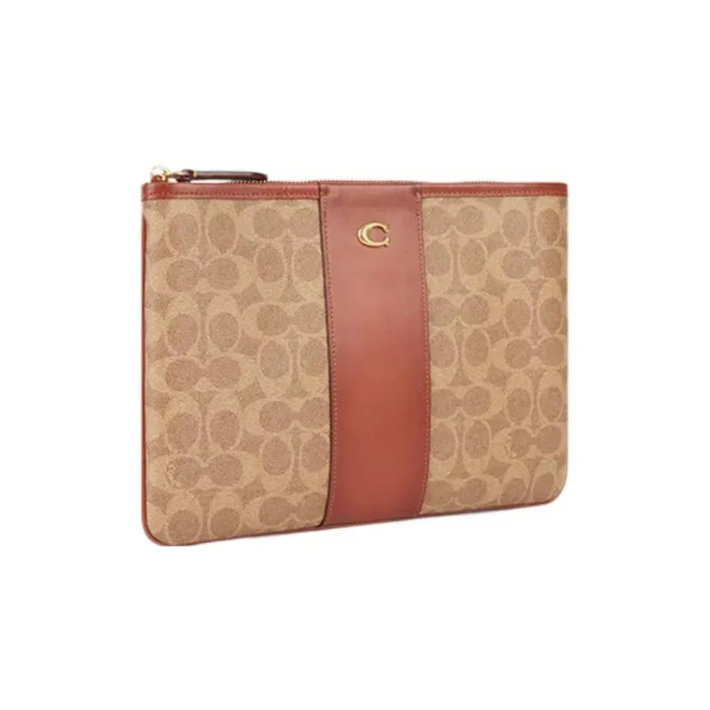 COACH Pouch PVC Shoulder Bag Clutch Tubas Women's Khaki & Brown & Red-1