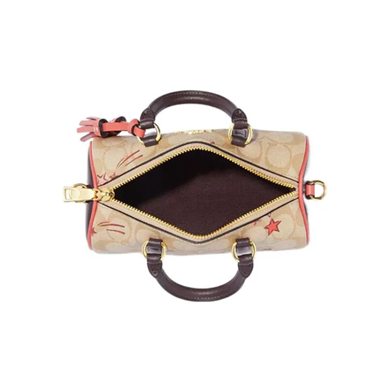 COACH Lacey Canvas With Leather Boston Bag Handbag Shoulder Bag Crossbody Bag Small Size Women's Khaki & Pink-2