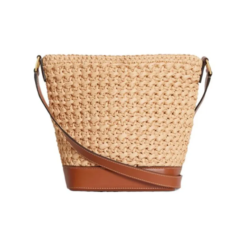 CELINE Raffia Calfskin Bucket Bags Shoulder Bag Crossbody Bag Regular Women's Beige & Brown-2