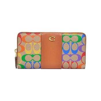 COACH Accordion Zip Cow Leather Clutches Wallets Small Size Women's Brown & Rainbow