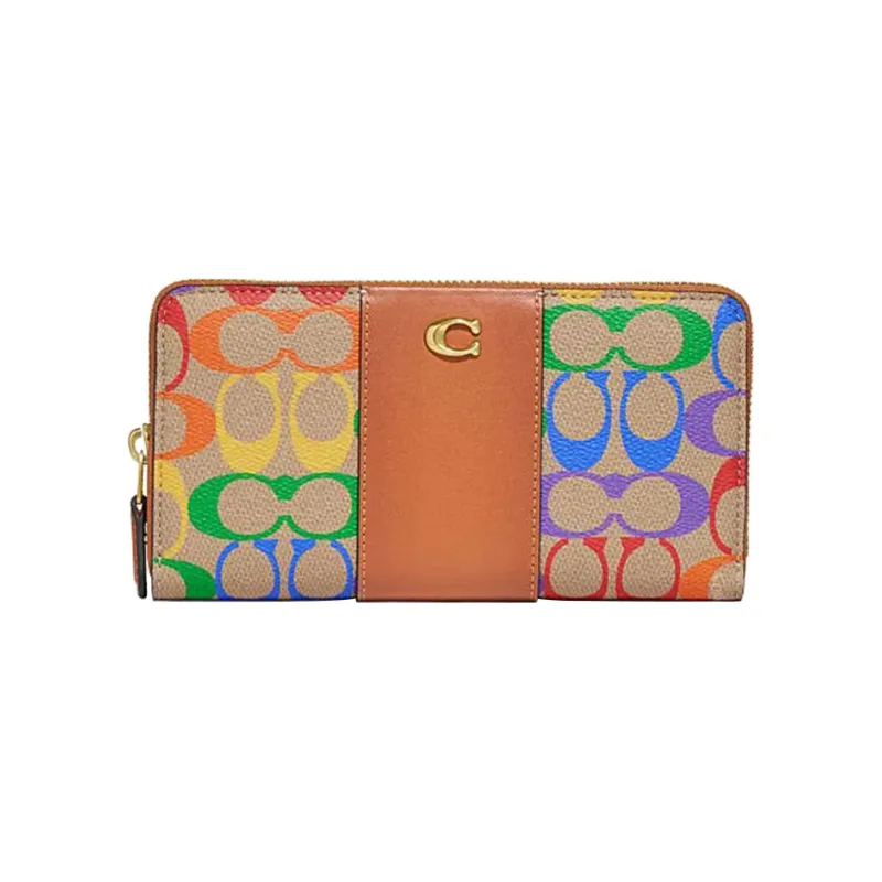 COACH Accordion Zip Cow Leather Clutches Wallets Small Size Women's Brown & Rainbow-0