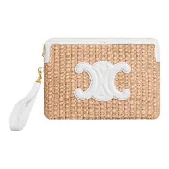 CELINE Fabric Cow Leather Patchwork Binding Clutch Small Size Women's Natural/White
