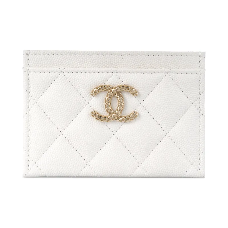 CHANEL Grain Embossed Shiny Litchi Leather Calfskin Card Holder Trumpets Women's White-0