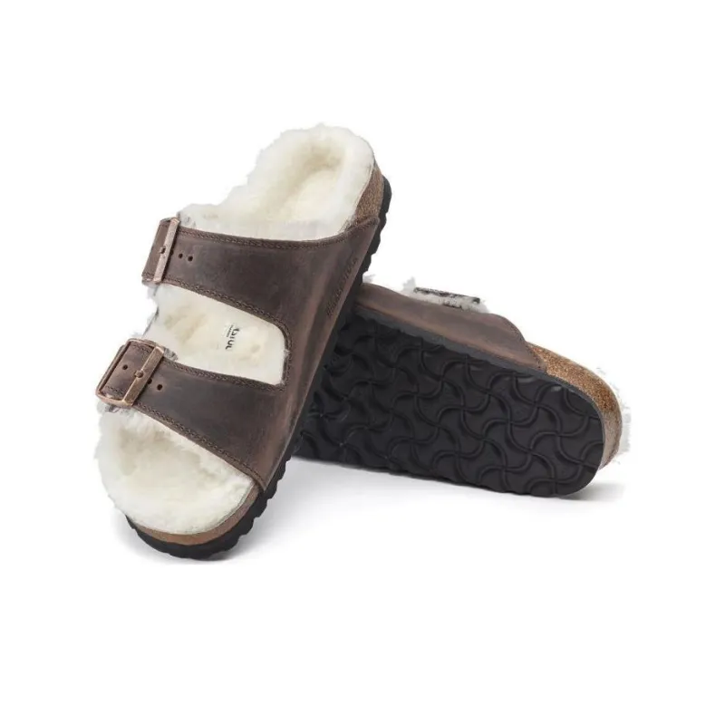 Birkenstock Arizona Shearling Waxy Leather Narrow Fit Sandals 'Oiled Habana'-3