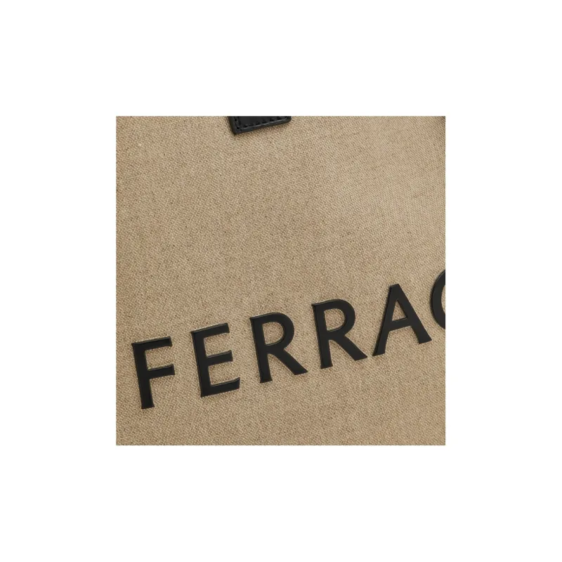 FERRAGAMO Fabric With Calfskin Tote Bag Shopping Bag Shoulder Bag Handbag Men's Natural/Black-4