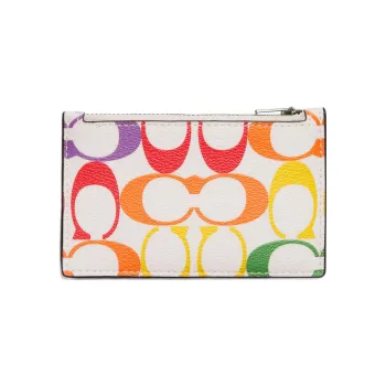 COACH Card Case Canvas With Leather Card Holder Coin Purse Women's Rainbow