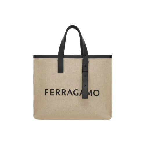 FERRAGAMO Fabric With Calfskin Tote Bag Shopping Bag Shoulder Bag Handbag Men's Natural/Black