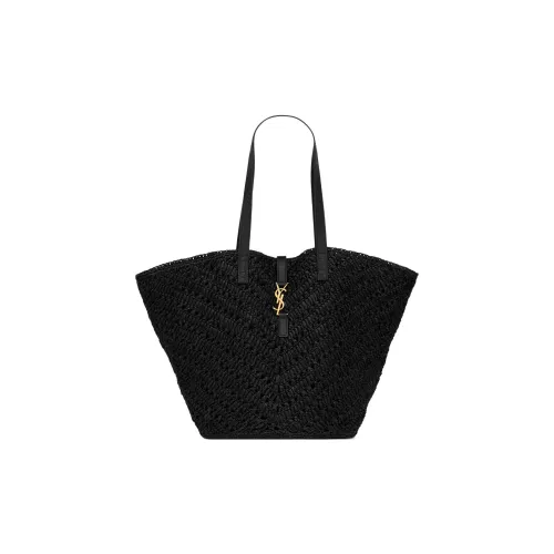 SAINT LAURENT Raffia With Vegetable Tanned Leather Handbag Medium Size Women's Black