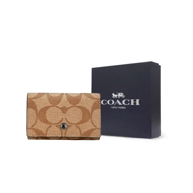 COACH Key Case Artificial Leather Key Pouch Unisex Brown Monogram-6