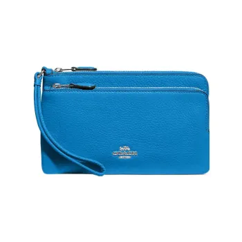 COACH Double Zip Wallet Pebbled Cow Leather Coin Purses Wallets Small Size Women's Blue