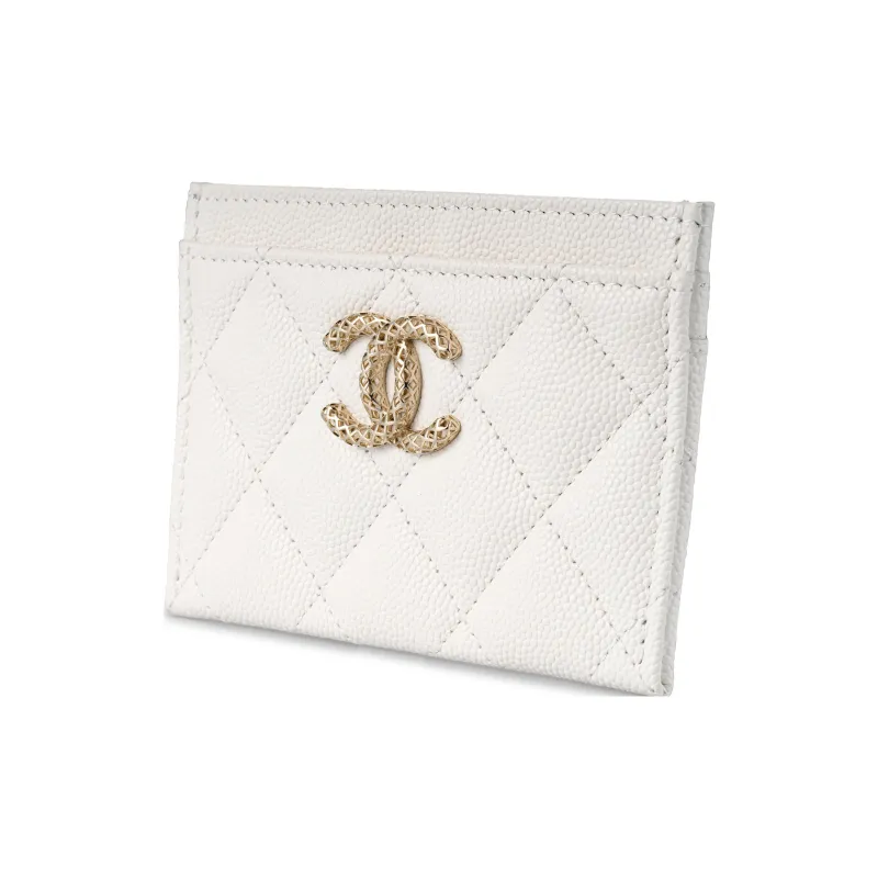 CHANEL Grain Embossed Shiny Litchi Leather Calfskin Card Holder Trumpets Women's White-1