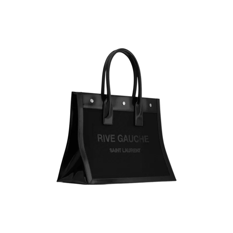 SAINT LAURENT Rive Gauche Mesh With Glossy Leather Tote Bag, Shopping Bag, Handbag Women's Black-2