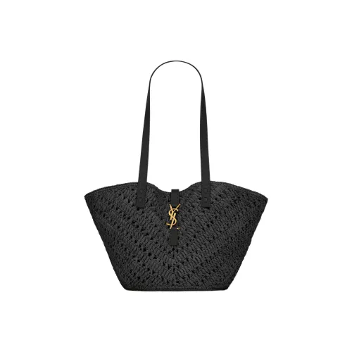 SAINT LAURENT Raffia With Vegetable Tanned Leather Handbag Small Size Women's Black