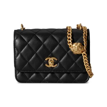 CHANEL Camellia Adjusting Buckle Chain With Gold Cc Logo Mini Woc Black