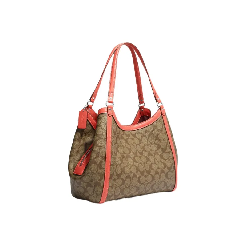 COACH Kristy Canvas With Leather Hobo Bag Handbag Shoulder Bag Women's Brown & Orange-1