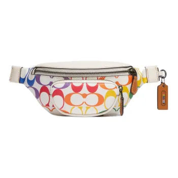 COACH Sprint Coated Canvas With Smooth Calfskin Crossbody Bag Sling Bag Fanny Pack Medium Size Men's White & Rainbow
