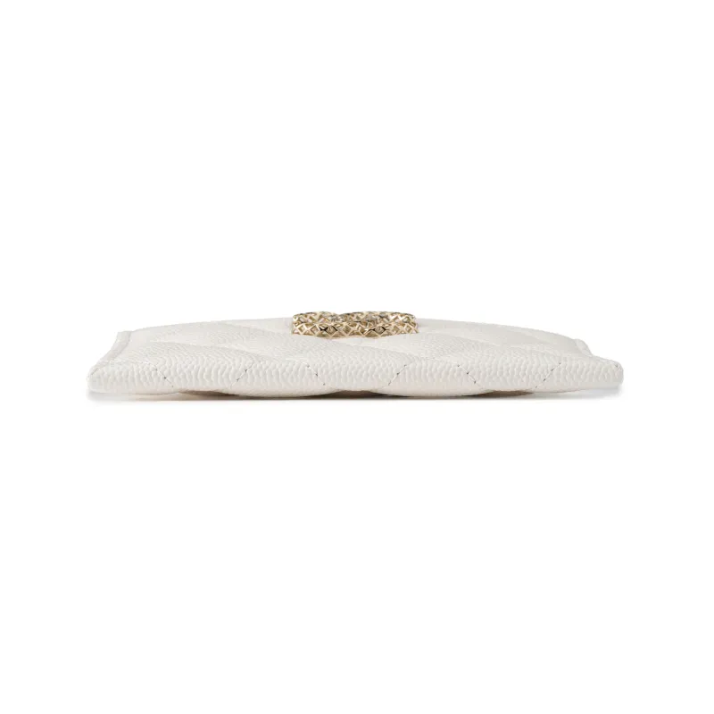 CHANEL Grain Embossed Shiny Litchi Leather Calfskin Card Holder Trumpets Women's White-2