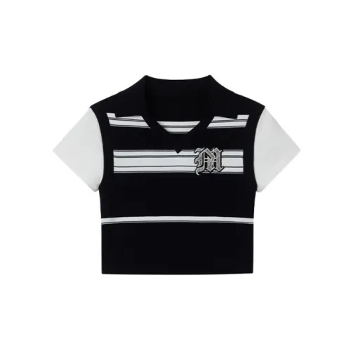 ITIB × MAMOUR Designer Co-branded Collection Crop Tops Women's Black/White Stripes