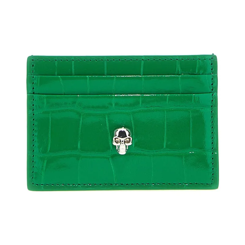 Alexander McQueen Crocodile Pattern Cow Leather Card Clip Card Holder Women's Green-0