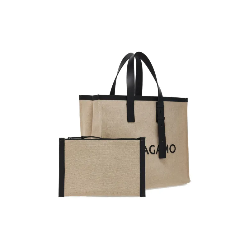 FERRAGAMO Fabric With Calfskin Tote Bag Shopping Bag Shoulder Bag Handbag Men's Natural/Black-3