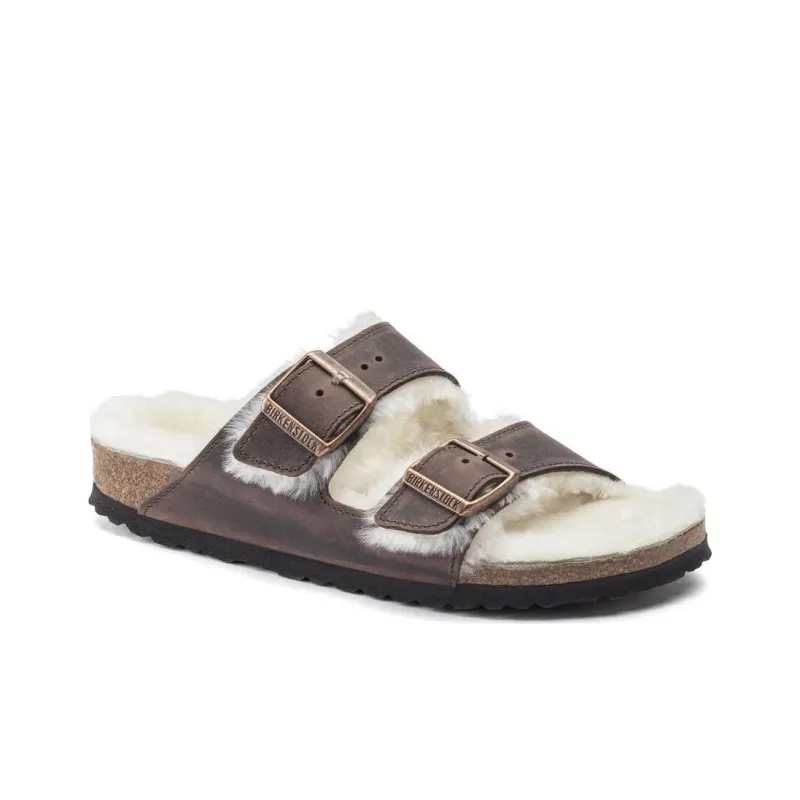 Birkenstock Arizona Shearling Waxy Leather Narrow Fit Sandals 'Oiled Habana'-1