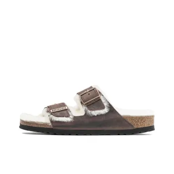 Birkenstock Arizona Shearling Waxy Leather Narrow Fit Sandals 'Oiled Habana'
