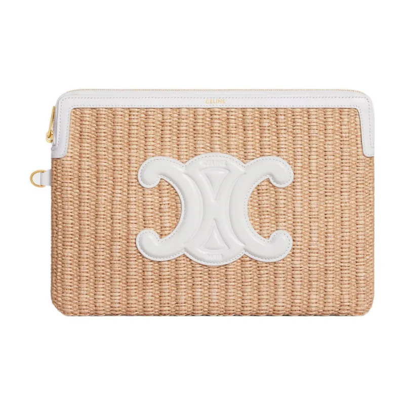 CELINE Fabric Cow Leather Patchwork Binding Clutch Small Size Women's Natural/White-1