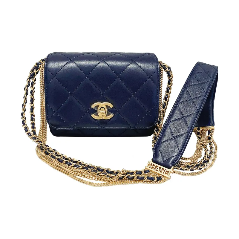CHANEL Lambskin Messenger Bag, Shoulder Bag, Crossbody Bag Trumpets Women's Dark Navy Blue-0