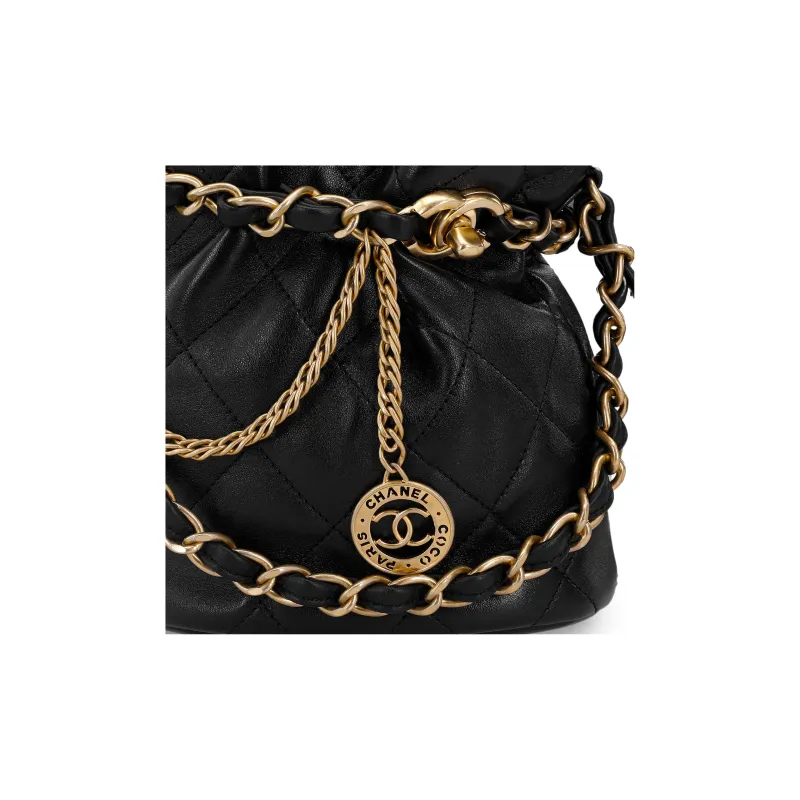 CHANEL Lambskin Bucket Bag, Portable Crossbody Bag, Shoulder Bag Trumpets Women's Black-4