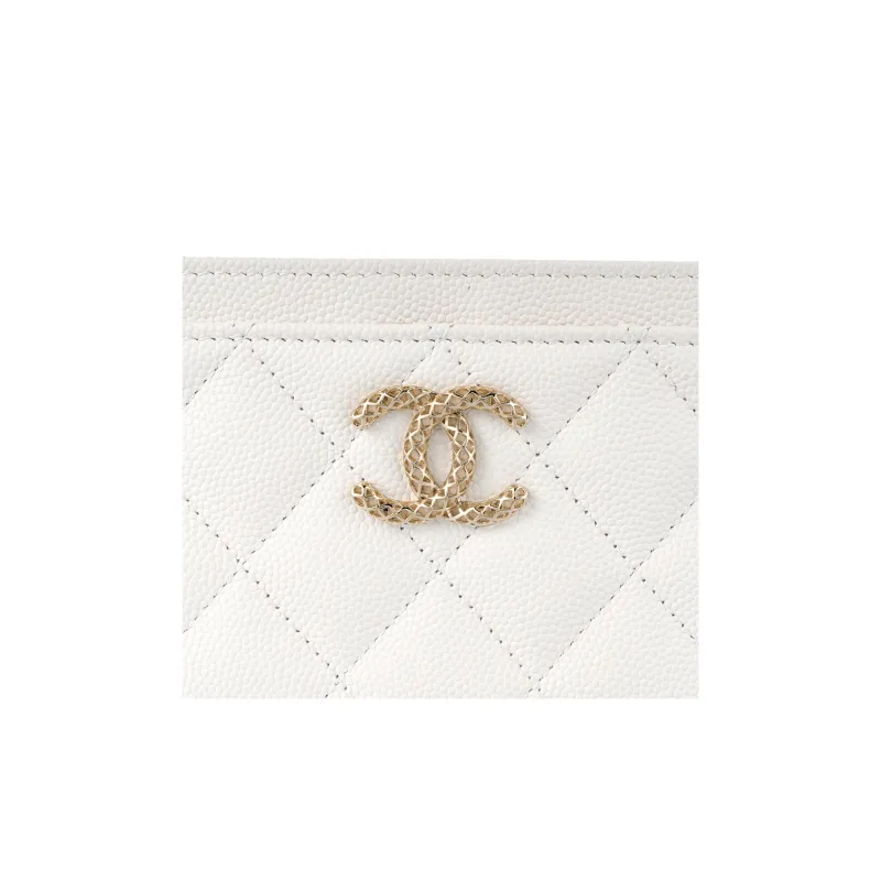 CHANEL Grain Embossed Shiny Litchi Leather Calfskin Card Holder Trumpets Women's White-4