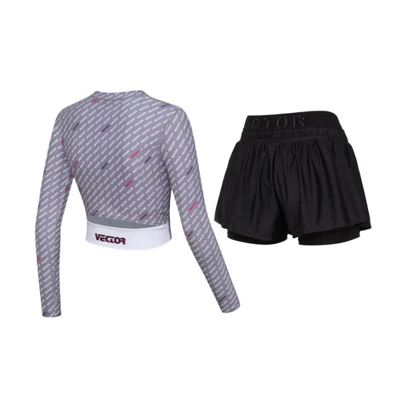 VECTOR Two Piece Swimsuits Women's Wonder Letter Gray With Pads+Black Shorts Skirt-1