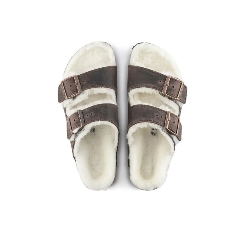 Birkenstock Arizona Shearling Waxy Leather Narrow Fit Sandals 'Oiled Habana'-2