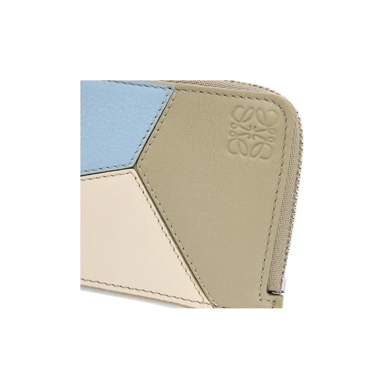 LOEWE Puzzle Cow Leather Coin Card Holder Women's Gray Blue/Laurel Green-3