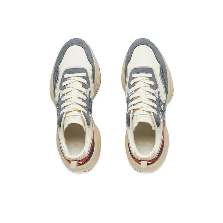 LI NING 1990 Clouds Cushioned Abrasion Resistant Slip Resistant Low Top Running Shoes Women's Gray Tea Red Patchwork-3