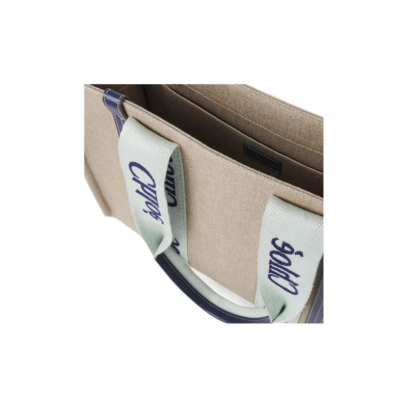 Chloe Woody Linen Canvas With Calfskin Canvas Bag Tote Bag Shopping Bag Handbag Women's Beige/Green/Blue-4