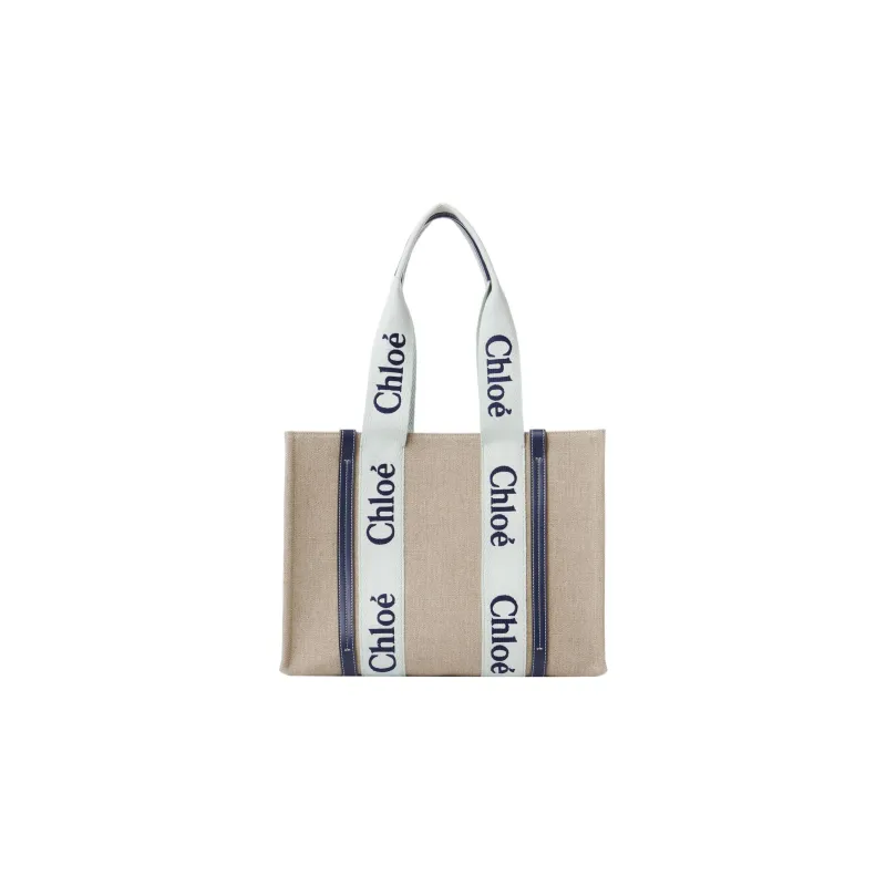 Chloe Woody Linen Canvas With Calfskin Canvas Bag Tote Bag Shopping Bag Handbag Women's Beige/Green/Blue-2