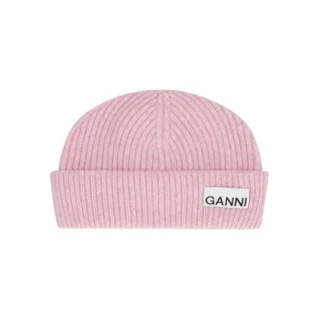 GANNI Logo Patch Turn Up Brim Knitted Beanie