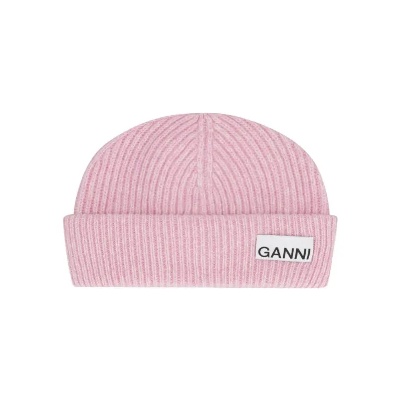 GANNI Logo Patch Turn Up Brim Knitted Beanie-0