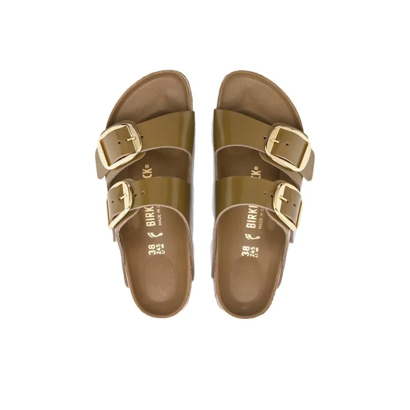 Birkenstock Arizona Big Buckle Natural Leather Patent Narrow Fit Sandals 'High Shine Mud Green' Women's-3