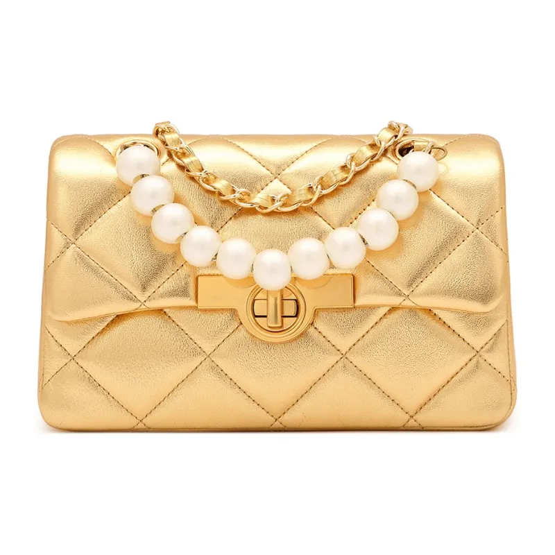 Miss Kung Sheepskin Pearl Diamond Pattern Chain Bag, Shoulder Bag, Crossbody Bag Medium Size Unisex Tubas Plaid Gold-3