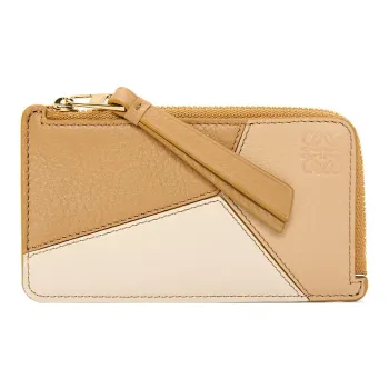 LOEWE Puzzle Cow Leather Coin Card Holder Women's Gray Beige/Gold