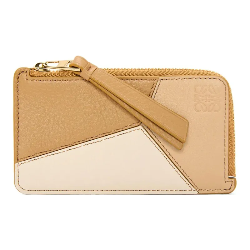 LOEWE Puzzle Cow Leather Coin Card Holder Women's Gray Beige/Gold-0