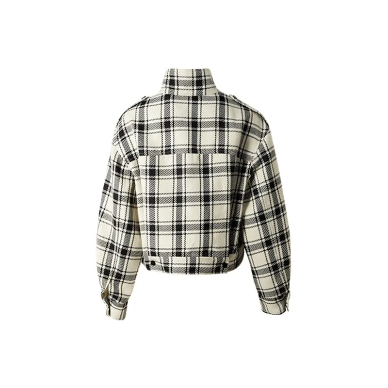 ELLE Cropped Coats Women's Black White Plaid-1