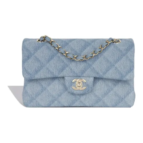 CHANEL Classic Flap CF Denim Crossbody Bag Shoulder Bag Small Size Women's Light Blue