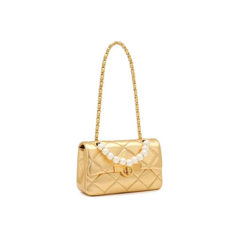 Miss Kung Sheepskin Pearl Diamond Pattern Chain Bag, Shoulder Bag, Crossbody Bag Medium Size Unisex Tubas Plaid Gold-1