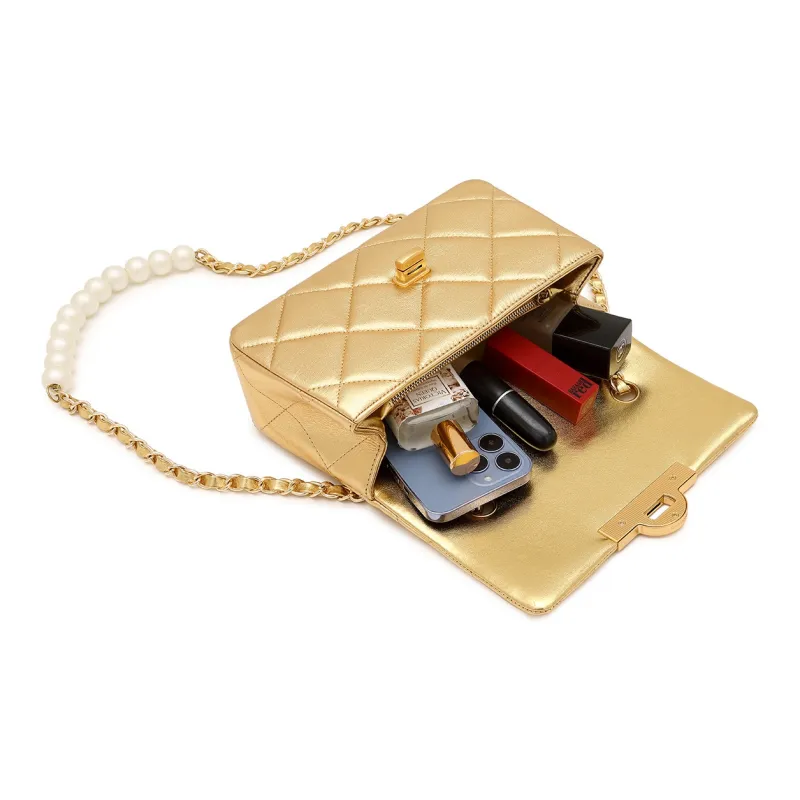 Miss Kung Sheepskin Pearl Diamond Pattern Chain Bag, Shoulder Bag, Crossbody Bag Medium Size Unisex Tubas Plaid Gold-4