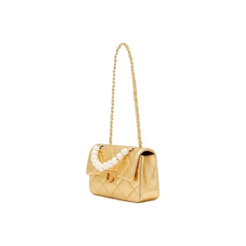 Miss Kung Sheepskin Pearl Diamond Pattern Chain Bag Shoulder Bag Crossbody Bag Medium Size Unisex Large Size Plaid Gold